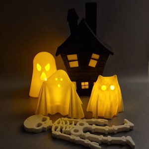 3D Printed Halloween Glowing Ghost & Haunted House Set with Tea Lights