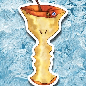 May include: A sticker featuring a stylized apple core design. The top portion is a reddish-brown apple with a brown stem and two small circular emblems. The core is a light yellow color with a white outline, set against a blue background.