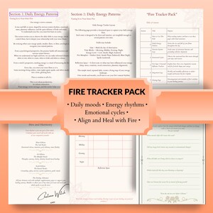 Könnte beinhalten: Eine Sammlung von bedruckten Seiten aus einem "Fire Tracker Pack" mit Text über tägliche Energie Muster, Stimmungen und Zyklen. Die Seiten sind weiß mit schwarzem Text und einem pfirsichfarbenen Banner. Der Text enthält "Tägliche Stimmungen", "Energie Rhythmen".