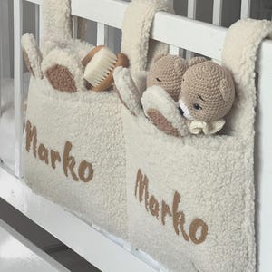 Personalized Bunny Crib Organizer – Teddy Fleece Hanging Caddy, Custom Name Nursery Storage, Neutral Baby Room Decor, Baby Shower Gift