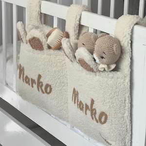 Personalized Bunny Crib Organizer – Soft Teddy Fabric Nursery Storage Pocket with Baby Name, Bedside Hanging Caddy