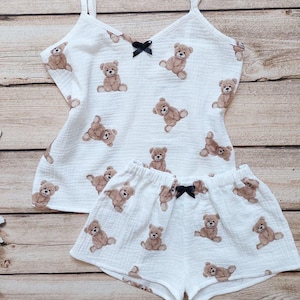 Mom and Me Muslin Pajama Set – Teddy Bear Print – Matching Summer Sleepwear, Soft Cotton Tank and Shorts, Mommy and Daughter Nightwear