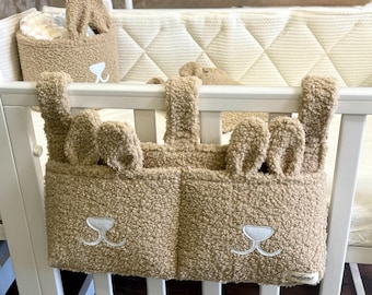 Bunny Crib Organizer – Soft Teddy Fabric Nursery Storage Pocket, Handmade Hanging Crib Caddy, Neutral Baby Room Storage, Baby Shower Gift