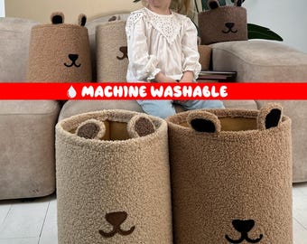 Teddy Bear Fabric Basket – Plush Toy Storage for Nursery, Handmade Baby Room Organizer, Machine Washable, Neutral Baby Shower Gift Idea