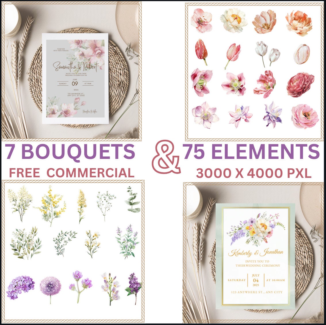 Watercolor Blush Soft Purple Cream Floral Set Elements Bouquet Border ...