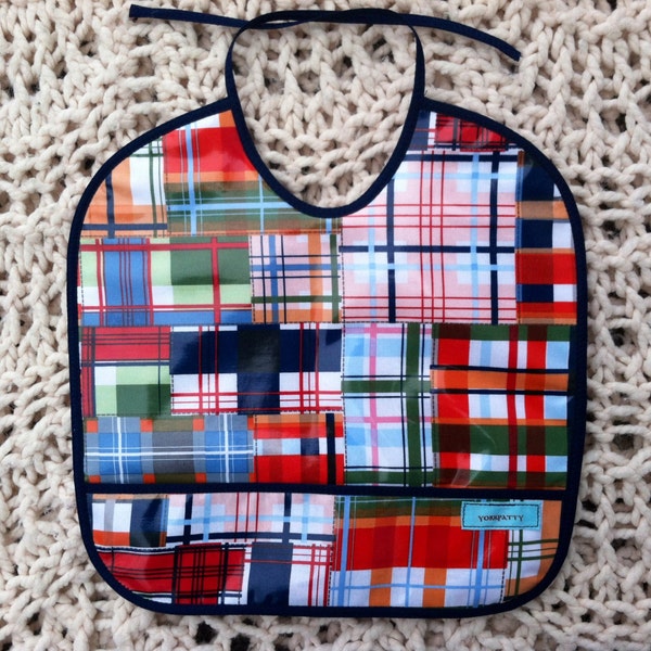 Laminated Plaid Pocket Bib - handmade, boy, girl, feeding, BPA free