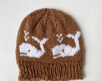 Brown and white whale baby beanie
