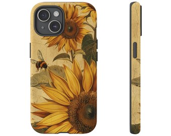 Sonnenblume und Biene Tough Dual-Layer Handyhülle für iPhone 15 14 13 12 11 X, Samsung S23 S22 S21 S20