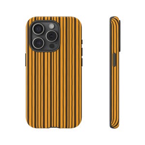 May include: A black and yellow striped phone case with a camera cutout.