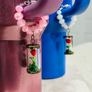 May include: Two tumblers with a pink and blue glitter finish. Each tumbler has a charm attached to the handle. The charms are a glass vial with a red rose inside and a beaded bracelet.