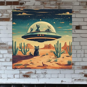 Retro Cat UFO Art - Vintage Sci-Fi Alien Print - Desert Space Wall Decor - Mid-Century Cat Lover Gift - Cosmic Kitty Spaceship Art