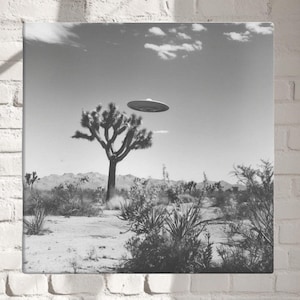 Black and White UFO Canvas Print - Retro Desert Landscape Wall Art with Joshua Tree - Mid-Century Sci-Fi Decor