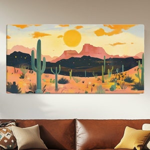 Desert Sunset Canvas: Mid-Century Modern Cactus Landscape Wall Art
