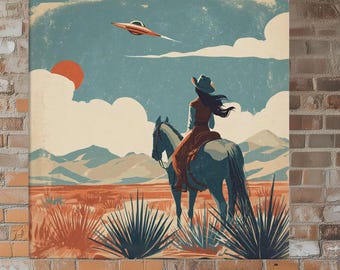 Cowgirl UFO Canvas Print – Retro Western Alien Art, Mid-Century Modern Space Cowboy Wall Decor, Desert Horseback Scene