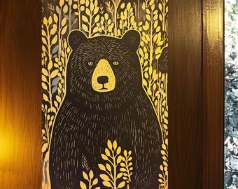 Bear Canvas Print – Woodland Animal Wall Art, Folk Art Forest Illustration, Rustic Nature Deco