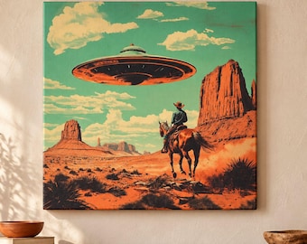 May include: A square wall art print depicting a desert landscape with red rock formations under a teal sky. A rider on horseback is positioned in the center, looking up at a large, metallic flying saucer hovering in the clouds above the terrain.