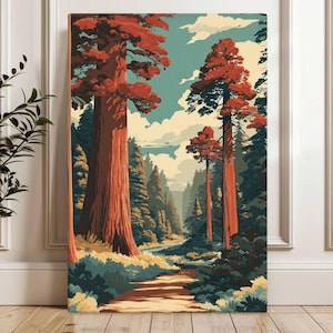 Redwood National Park Canvas Print, Mid Century Modern Forest Wall Art, Retro California Decor