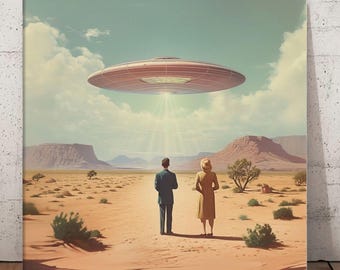 UFO Canvas Print – Mid Century Alien Wall Art, Retro Sci Fi Christmas Gift, Vintage Desert Space Decor