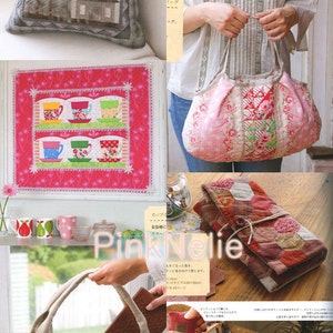 May include: A selection of quilted fabric items, including handbags, a cushion, and a wall hanging. The bags feature various patterns and colours, with floral and geometric designs. The cushion has a house motif, and the wall hanging depicts houses.