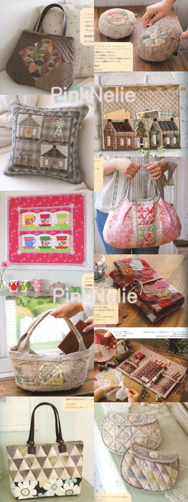 May include: A selection of quilted fabric items, including handbags, a cushion, and a wall hanging. The bags feature various patterns and colours, with floral and geometric designs. The cushion has a house motif, and the wall hanging depicts houses.