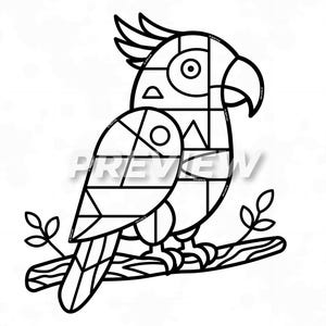 May include: A black and white line art colouring page featuring a stylised parrot with geometric segments perched on a branch. The word PREVIEW is printed in white across the centre of the bird. The design includes simple leaf shapes.