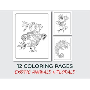 Premium kleurplaten – 12 afdrukbare krabbelontwerpen voor kinderen en volwassenen – exotische dieren en bloemen