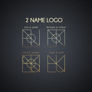 Könnte beinhalten: Goldfarbene Logos mit geometrischen Designs und Namen. Der Text "2 NAME LOGO" steht oben. Zu den Namen gehören Eva & John, Mathea & Tonia, Luca & Sonny und Luna & Liam. Der Hintergrund ist dunkelgrau.