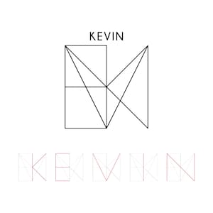May include: A minimalist graphic design featuring the name "KEVIN" in two styles. The top text is in a clean, sans-serif font. Below, the name is deconstructed with geometric lines, some in red, against a white background.