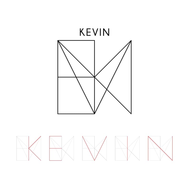 May include: A minimalist graphic design featuring the name "KEVIN" in two styles. The top text is in a clean, sans-serif font. Below, the name is deconstructed with geometric lines, some in red, against a white background.