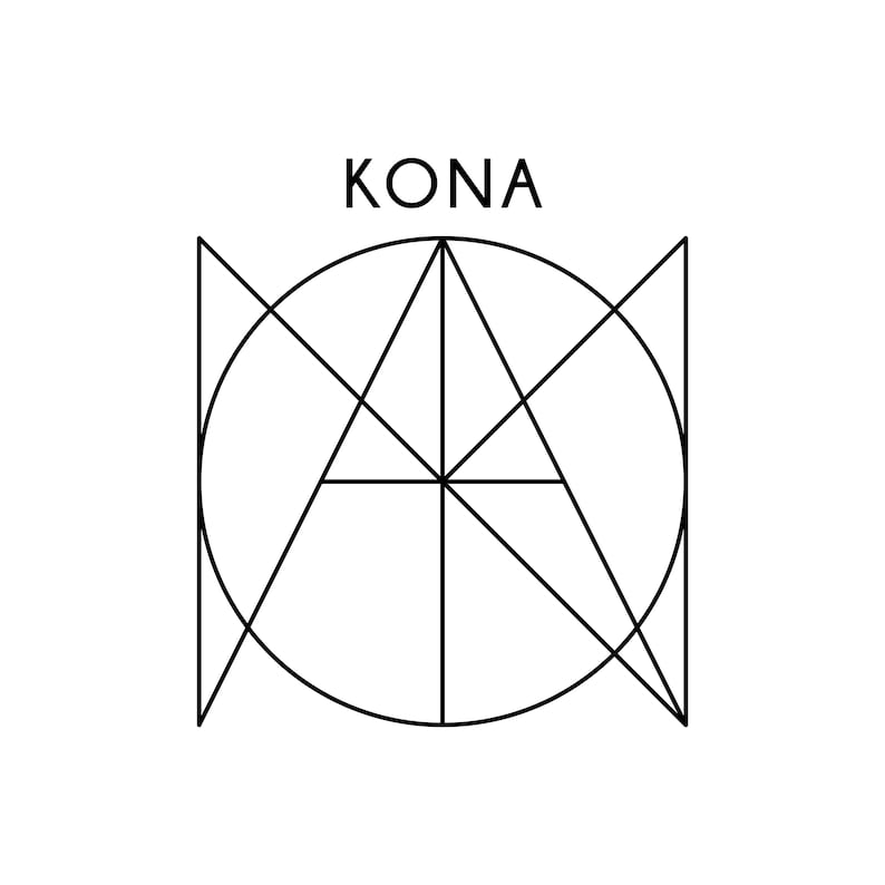 May include: A minimalist black and white logo with the word "KONA" above a geometric design. The design features intersecting lines, a circle, and triangular shapes, creating an abstract and modern aesthetic.