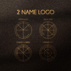 Peut inclure: Texte "2 NAME LOGO" doré au-dessus de quatre logos circulaires sur un fond texturé brun foncé. Chaque logo présente un motif géométrique unique et une paire de noms, comme "Emma & Lily."