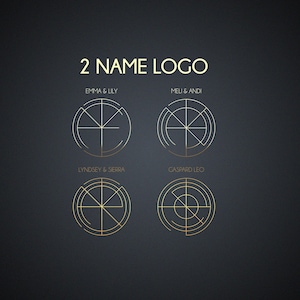 Può includere: Uno sfondo scuro con il testo "2 NAME LOGO" in oro. Sono visualizzati quattro loghi circolari dorati, ciascuno con un design geometrico unico e due nomi. I nomi sono Emma & Lily, Meli & Andi, Lyndsey & Sierra e Gaspard Leo.