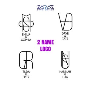 Puede incluir: Cuatro diseños de logo en blanco y negro para parejas. El primer logo es una combinación de las letras "M" y "S" para Emilia y Sophia. El segundo logo es una combinación de las letras "D" y "V" para Dave y Tate. El tercer logo es una combinación de las letras "T" y "R" para Tilda y Fritz. El cuarto logo es una combinación de las letras "H" y "U" para Hannah y Luis.