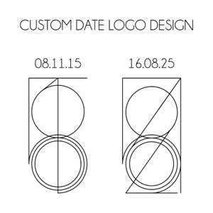 Könnte beinhalten: Schwarz-weißes individuelles Datumslogo-Design. Das Design zeigt zwei stilisierte Datumsdarstellungen, die jeweils aus geometrischen Formen und Kreisen bestehen. Die Daten sind 08.11.15 und 16.08.25. Der Text "CUSTOM DATE LOGO DESIGN" steht oben.