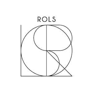 May include: Black and white logo with the word "ROLS" at the top. The logo is a geometric design composed of intersecting lines and circles, creating an abstract shape. The design is minimalist and modern.