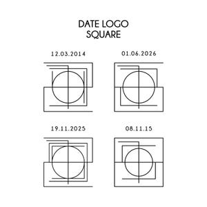 Könnte beinhalten: Schwarz-weiße Grafik mit dem Text "DATE LOGO SQUARE". Darunter vier quadratische Designs, jedes mit einem Kreis und sich kreuzenden Linien, versehen mit den Daten: 12.03.2014, 01.06.2026, 19.11.2025 und 08.11.15.
