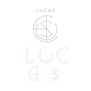 May include: A minimalist logo design with the name "LUCAS" above a circular emblem. The emblem features intersecting lines and a stylized "S" shape. Below, there are four additional circular designs, each with a letter from "LUCAS" in a red outline.