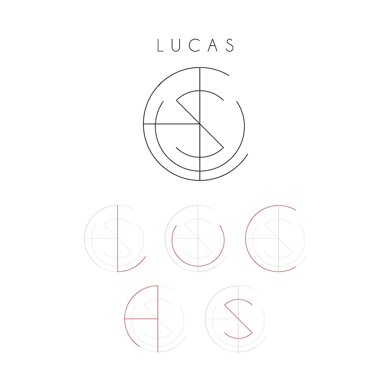 May include: A minimalist logo design with the name "LUCAS" above a circular emblem. The emblem features intersecting lines and a stylized "S" shape. Below, there are four additional circular designs, each with a letter from "LUCAS" in a red outline.