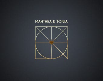 May include: A gold geometric design with the text "MAHTHEA & TONIA" in a sans-serif font. The design includes a heart shape at the center, set against a dark gray background.