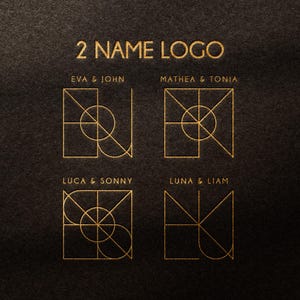 Pode incluir: Design em folha de ouro com o texto "2 NAME LOGO" e quatro exemplos de logotipos geométricos com nomes: Eva & John, Mathea & Tonia, Luca & Sonny e Luna & Liam. Os logotipos estão em um fundo escuro texturizado.