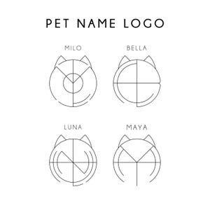 May include: A black and white graphic display titled PET NAME LOGO featuring four circular icons with cat ear outlines. Each icon incorporates geometric lines forming the names MILO, BELLA, LUNA, and MAYA within the circular shapes.
