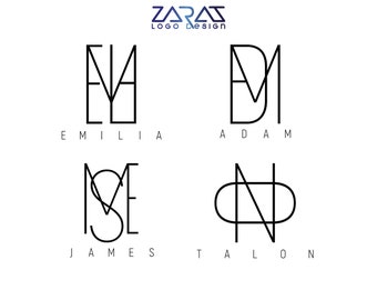 May include: Four black and white logo designs for the names Emilia, Adam, James, and Talon. The logos are minimalist and feature the first letter of each name in a unique, stylized font.