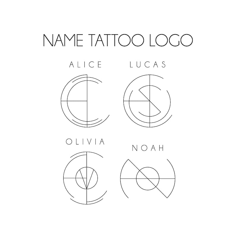 May include: A minimalist design featuring the text "NAME TATTOO LOGO" above four name options: Alice, Lucas, Olivia, and Noah. Each name is paired with a unique, geometric logo design in black lines on a white background.