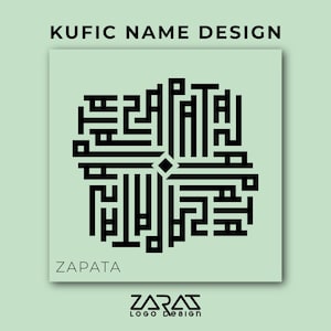 May include: A square graphic with the text "KUFIC NAME DESIGN" at the top. The name "ZAPATA" is written in black Kufic calligraphy in the centre, with the "ZARAS Logo Design" logo at the bottom. The background is a light green.
