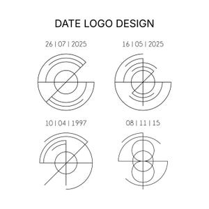 May include: A white background displays four black line art logo designs with dates. The text "DATE LOGO DESIGN" is at the top. Each logo is a unique geometric shape with dates such as 26|07|2025 and 16|05|2025.