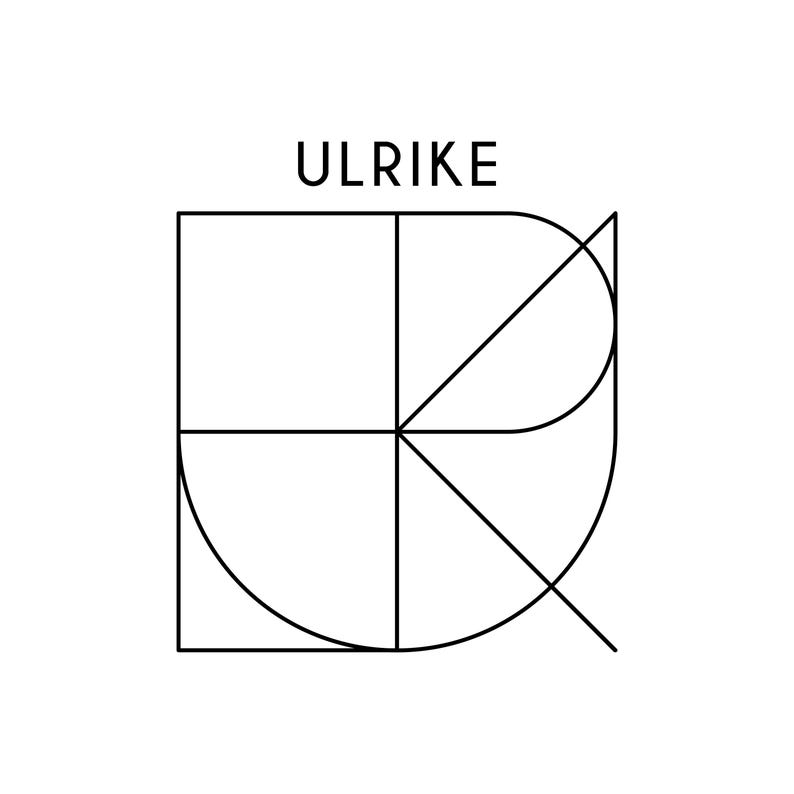May include: A minimalist logo design featuring the name "ULRIKE" in a sans-serif font above a geometric graphic. The graphic is composed of black lines forming a stylized letter "R" and a square divided into quadrants.