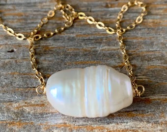 large BAROQUE white pearl gold filled necklace