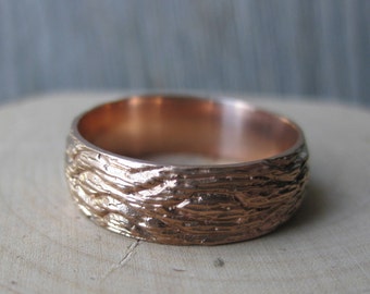 Rose Gold OAK wood grain wedding band 14 kt gold woodgrain ring mens size 10 ready to ship