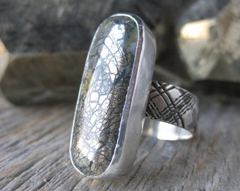 NIPOMO MARCASITE food gold pyrite in quartz sterling silver PLAID ring size 9.75