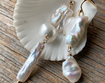 wabi sabi BAROQUE white pearl gold filled long dangle earrings, asymmetrical earrings